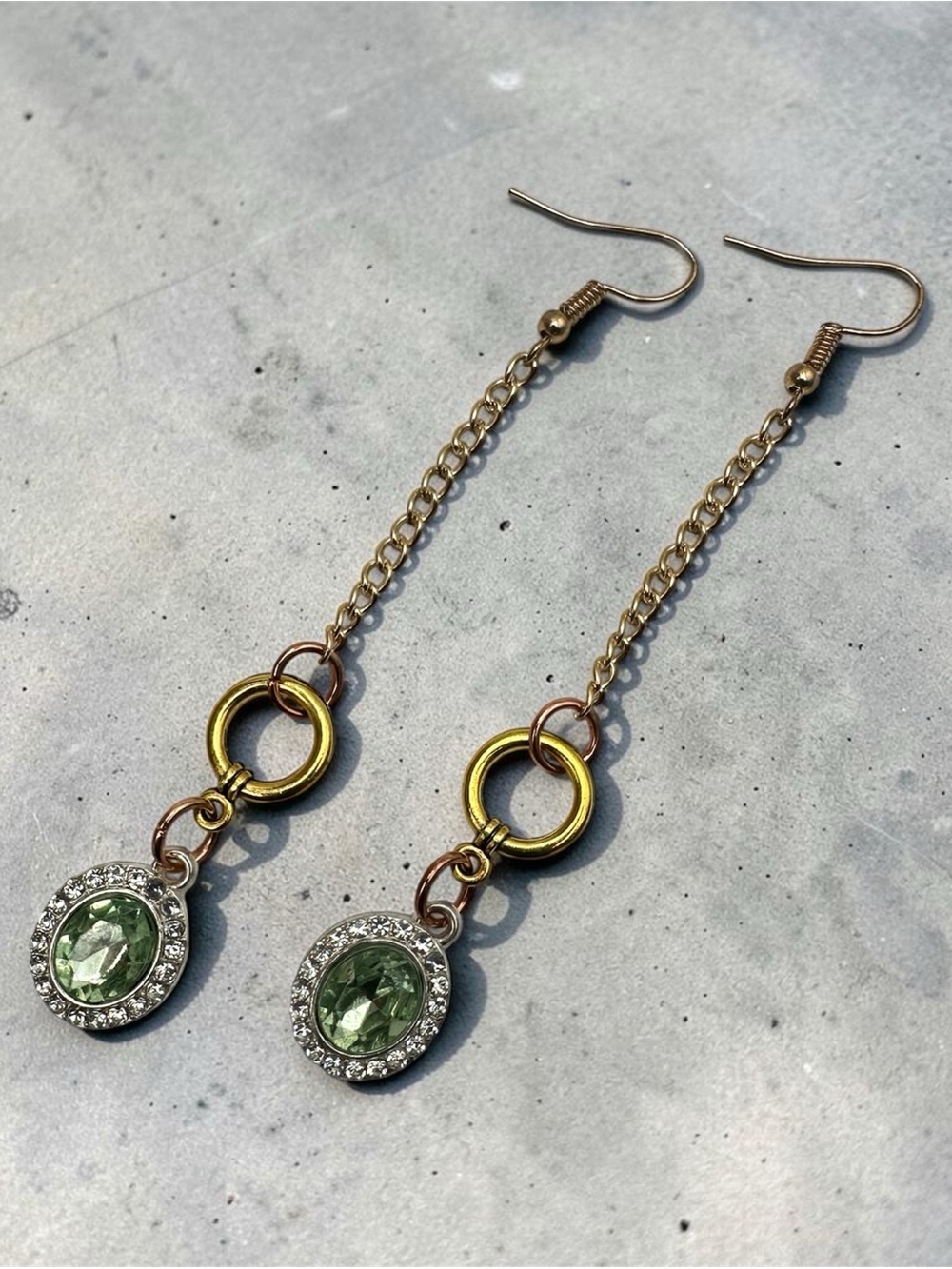 Green Crystal Rhinestone Dangle Earrings Gold Tone Chain Handmade Jewelry